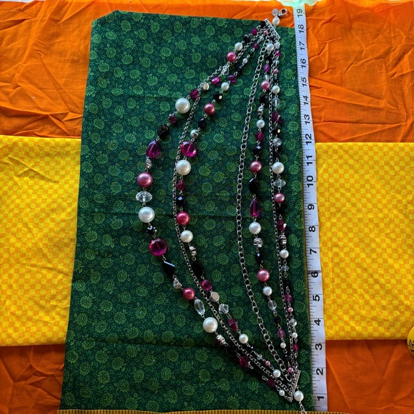 Cocktail chunky statement necklace pink black white pearl crystal multi-strand - Picture 5 of 9